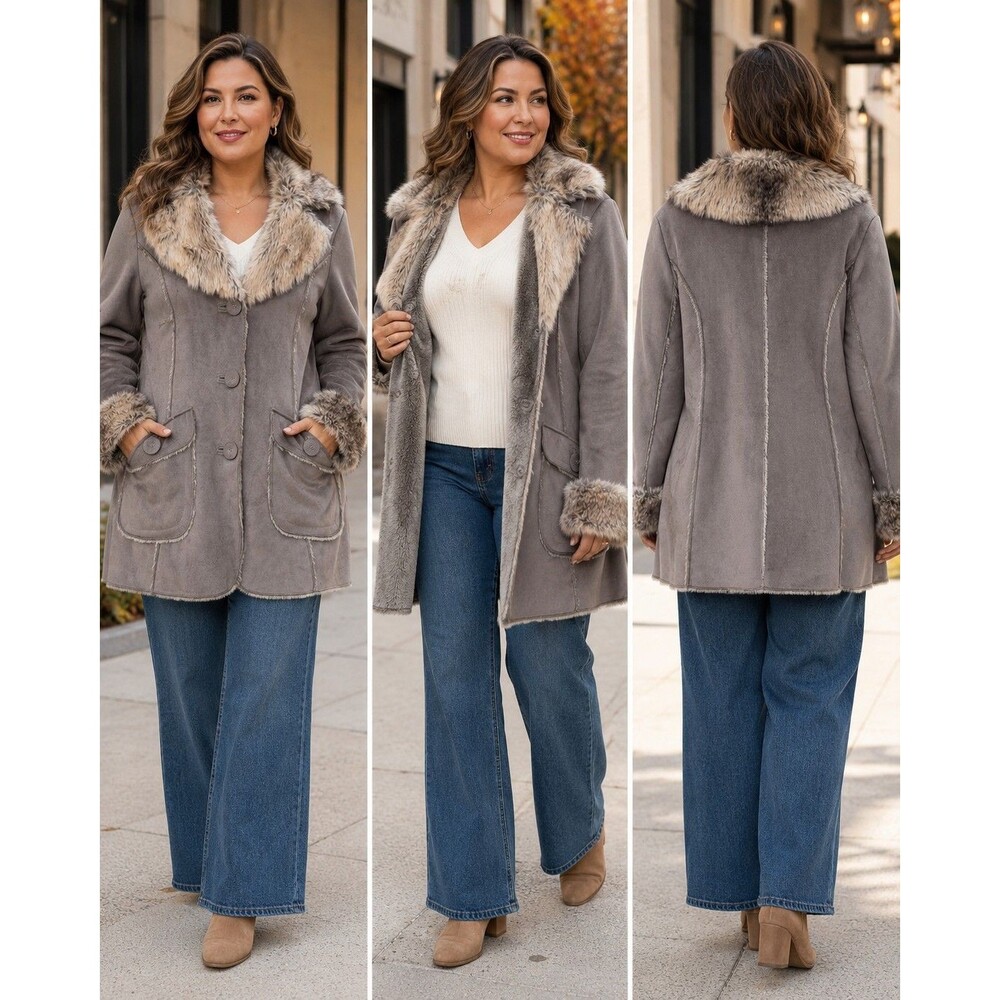 NWOT Sonoma Faux Suede Shearling Fur Trim Coat Women L Boho Penny Lane Y2K Cozy